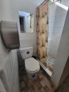 een badkamer met een toilet en een douche bij Hospedaje San Antonio in Danlí