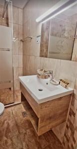 a bathroom with a sink and a shower at HOTEL ELSA in Skopje +44 photos