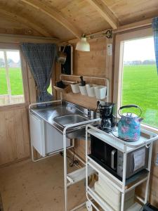 Nieuwleusen的住宿－Pipowagen op Camperplaats Vechtdal，一个带炉灶的厨房和大篷车内的水槽
