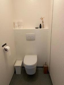 Nieuwleusen的住宿－Pipowagen op Camperplaats Vechtdal，浴室设有白色卫生间和卫生纸饮水机