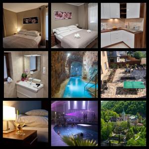 a collage of pictures of a hotel room at Second Home Apartments Miskolctapolca in Miskolctapolca