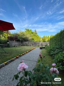 a pathway with pink flowers and an umbrella at Private Guest Suite With Backyard in Burnaby