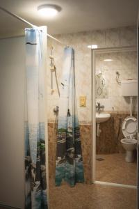 łazienka z zasłoną prysznicową, toaletą i umywalką w obiekcie Sneza w mieście Podgorica