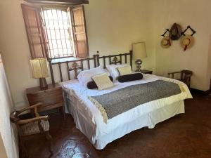 a bedroom with a large bed with two pillows on it at Eternal Spring in Antigua Guatemala