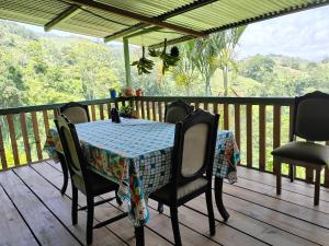 een tafel en stoelen op een terras met uitzicht bij Bella Vista Guest house in Turrialba