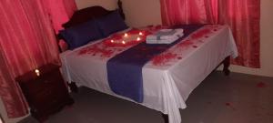 a bed with lights on it in a bedroom at Royal Vybez Vacation Homes in Spanish Town