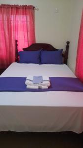 a bed with blue and pink pillows and towels on it at Royal Vybez Vacation Homes in Spanish Town