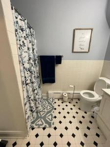 een badkamer met een toilet en een douchegordijn bij House of the Heart at Trolley Square! in Wilmington