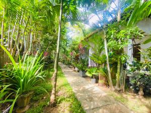 un jardín con palmeras y un camino en Priyavimana resort, en Habarana