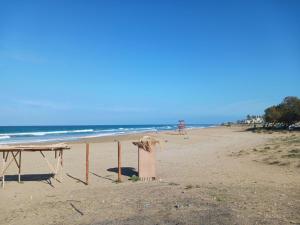 una mesa de picnic en una playa junto al océano en Ellen 737, en Heraclión
