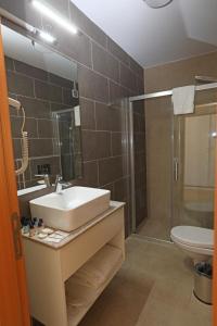 La salle de bains est pourvue d'un lavabo, d'une douche et de toilettes. dans l'établissement Mezzo Hotel, à Istanbul