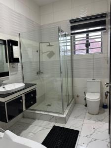 een badkamer met een douche, een toilet en een wastafel bij Affordable luxury 3bed apartment in Maiyegun
