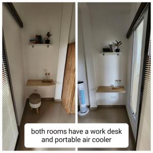 2 fotos de una habitación con lavabo y aseo en Yobi House, en Ubud