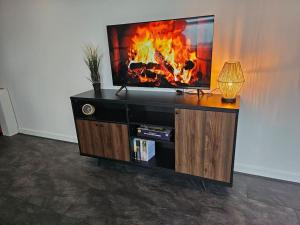 a flat screen tv on a entertainment center with a fireplace at Luxe woonboot in de natuur evt met console bootje! in Leeuwarden