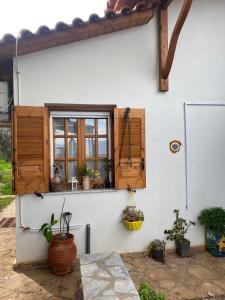 a white house with a window and potted plants at Cottage house with incredible view in Trápeza