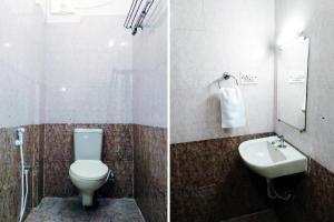 2 immagini di un bagno con servizi igienici e lavandino di Hotel Royal Green Inn a Chennai