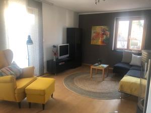 - un salon avec un canapé et une télévision dans l'établissement Charmante Ferienwohnung, à Kaufbeuren