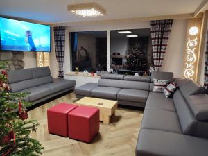 a living room with a couch and a christmas tree at Pokoje u Matusa in Gliczarów