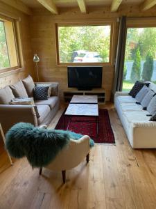 a living room with couches and a flat screen tv at Chalet Charline in Combloux