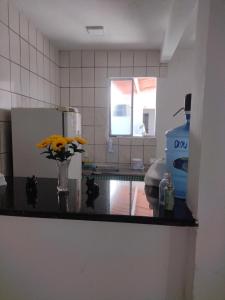 una cocina con un jarrón de flores en un mostrador en Casa da Mila en Porto Seguro