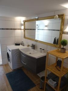 ein Badezimmer mit einem Waschbecken, einem Spiegel und einer Waschmaschine in der Unterkunft Sammy's FeWo in Hahnenklee-Bockswiese