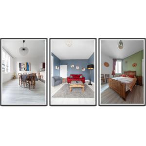 4 images d'un salon et d'une salle à manger dans l'établissement Le Louis B - Appartement calme et lumineux proche Thermes, à Vichy