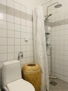 a bathroom with a toilet and a shower at Trendy and light 2 room apartment in SoFo, 65sqm in Stockholm