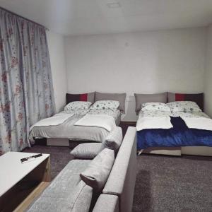- un salon avec deux lits et un canapé dans l'établissement Apartmani Planinsko srce Vlašić, à Šišava