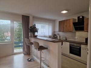 a kitchen with a counter and a stove top oven at Moscow Areal Suite in Baden-Baden