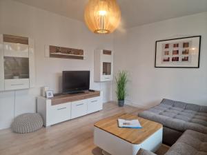 uma sala de estar com um sofá e uma televisão de ecrã plano em Moscow Areal Suite em Baden-Baden