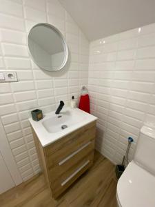 a bathroom with a sink and a mirror and a toilet at PLAYA POSTIGUET in Alicante