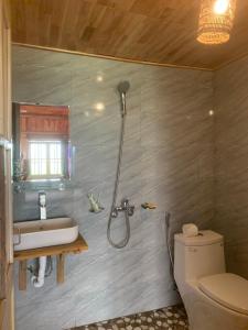 Green homestay Mai chau في ماي تشاو: حمام مع دش ومغسلة ومرحاض