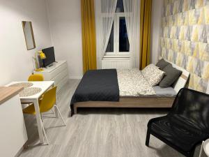 a bedroom with a bed and a desk and a chair at Apartamenty Centrum in Bydgoszcz