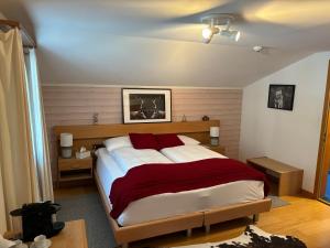 a bedroom with a large bed with a red blanket at Alpina Boutique Hotel Ringgenberg in Ringgenberg