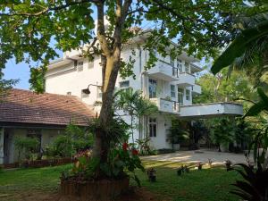ein großes weißes Gebäude mit einem Baum im Hof in der Unterkunft Nooit Gedacht Holiday Resort Unawatuna in Unawatuna