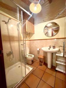 a bathroom with a shower and a sink and a toilet at Casa Rural en medio del bosque, El Lance in Firgas
