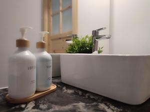 two bottles of soap sitting on a counter next to a sink at Dzika Polana in Duszniki Zdrój +50 photos