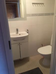 a white bathroom with a sink and a toilet at Tahkon mökki in Tahkovuori