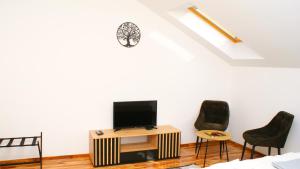 een woonkamer met een tv en 2 stoelen bij Liget Apartman in Pusztaszabolcs