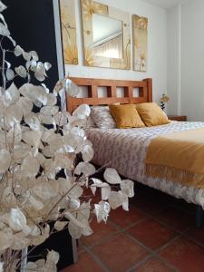 a bedroom with a bed and a plant in the foreground at Apartamentos La Sierra in Villalba de la Sierra