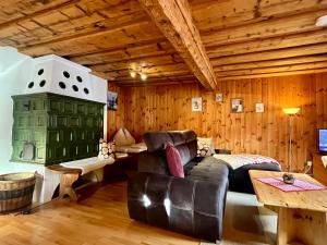 バート・クラインキルヒハイムにあるFeichterhofのソファ付きの木製の壁の客室です。