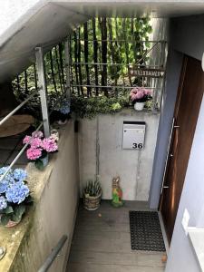 a stairway with flowers and plants on a balcony at Wohnung in gehobener Lage in Bruchsal