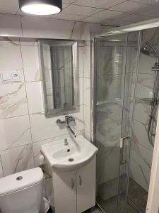 a bathroom with a toilet and a sink and a shower at Pokoje w miasteczku przy Puszczy Bialowieskiej in Hajnówka