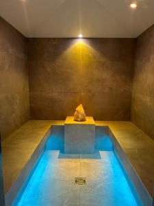 a swimming pool with a rock in the middle of a room at Resort Schrofenblick in Mayrhofen