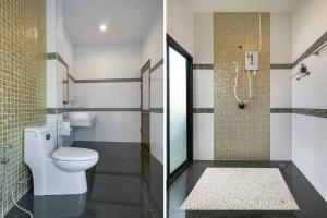 2 zdjęcia łazienki z toaletą i prysznicem w obiekcie Sj House Hotel Aonang w mieście Ban Khlong Haeng