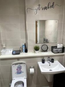 bagno con servizi igienici, lavandino e specchio di Cozie 1 BR apartment a Manchester