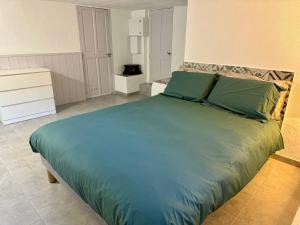 a bedroom with a large bed with green sheets at Les 2 Oliviers in Caromb