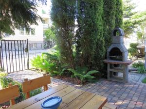 a picnic table with a stone oven in a garden at Domki ogrzewane Sokół in Władysławowo
