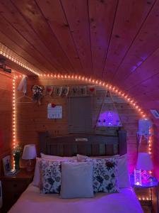 Schlafzimmer mit einem Bett mit Deckenbeleuchtung in der Unterkunft FINN VILLAGE – Loch Lomond Luxury Lodges with All Year-Round Hot Tubs and Gazebos in Glasgow