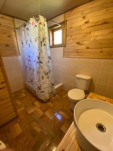a bathroom with a toilet and a shower curtain at CABAÑAS RUCA MALAL in Futrono